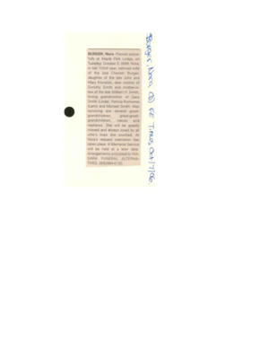 Obituary - Burger, Nora - October 7, 2006