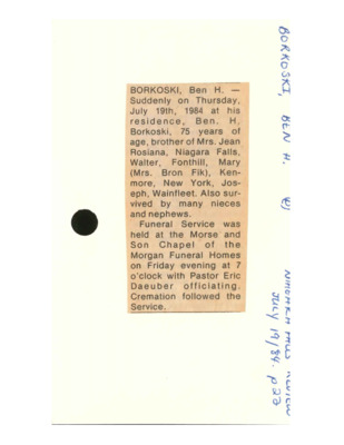 Obituary - Borkovsky, Zofia - October 26, 1983