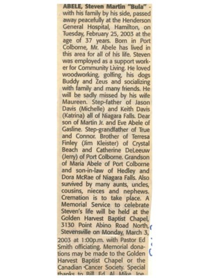 Obituary - Abele, Steven Martin "Bula" - March 1, 2003