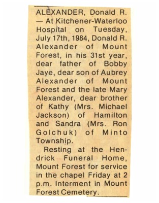Obituary - Alderson, Donald - July 17, 1984