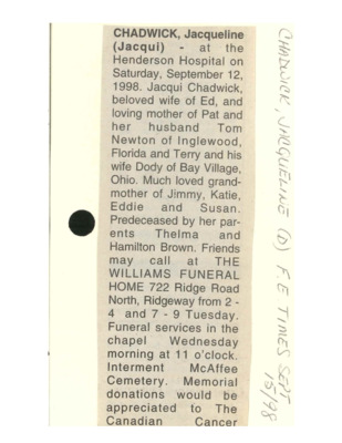 Obituary - CHADWICK, Jacqueline - September 15, 1998