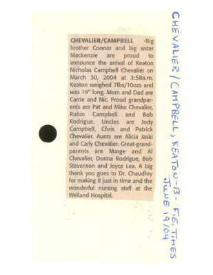 Birth Notice - CHEVALIER, Keaton - June 19, 2004