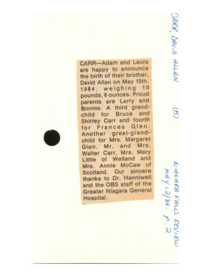 Birth Notice - CARR, David Allan - May 12, 1984