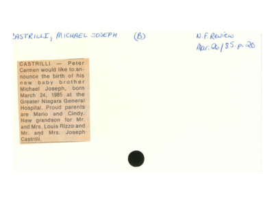 Birth Notice - CASTRILLI, Michael Joseph - March 26, 1985