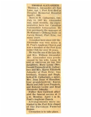Obituary - Alexander, Thomas - April 1, 1988