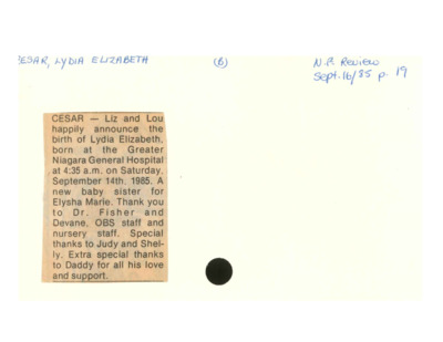 Obituary - CESAR, Lydia Elizabeth - September 16, 1985