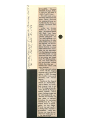 Obituary - CHALMERS, Margaret - December 31, 1996