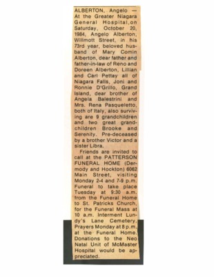Obituary - Alberton, Angelo - October 20, 1984