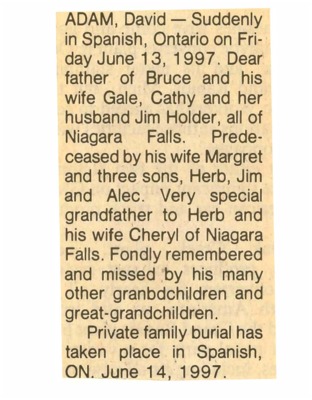 Obituary - Adam, David - June 13, 1997