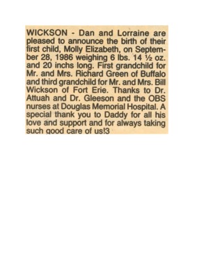 Birth notice - Wickson, Molly - September 28, 1986