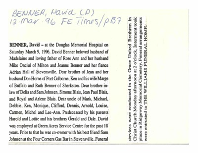 Obituary - Benner, David - March 12, 1996