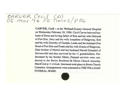 Obituary - CARVER, Cecil - March 5, 1996