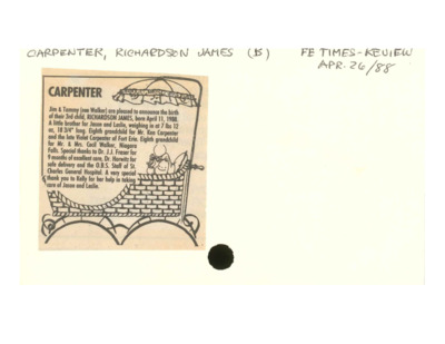 Birth Notice - CARPENTER, Richardson James - April 26, 1988