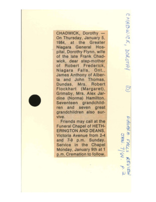 Obituary - CHADWICK, Dorothy - January 17, 1984