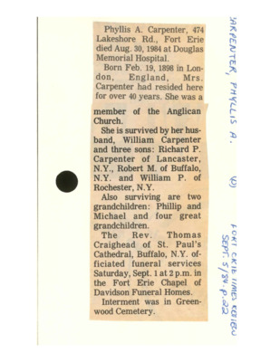 Obituary - CARPENTER, Phyllis - September 5, 1984