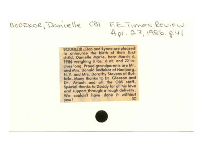 Obituary - Bodekor, Danielle - April 23, 1986