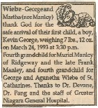 Birth notice - Wiebe, Kevin - March 24, 1993