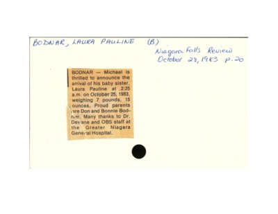 Birth Notice - Bodnar, Laura - October 28, 1983