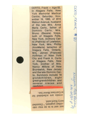 Obituary - CERTO, Frank - November 22, 1983