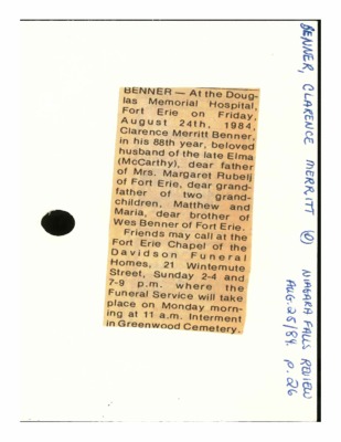 Obituary - Benner, Clarence Merritt - August 25, 1984