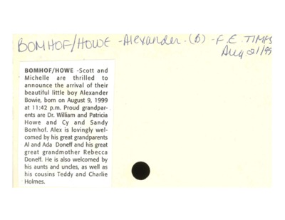 Birth Notice - Bomhof, Alexander - August 21, 1999