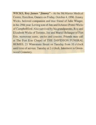 Obituary - Wicks, Roy - October 4, 1996