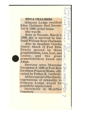 Obituary - CHALMERS, Edna - December 1, 1990