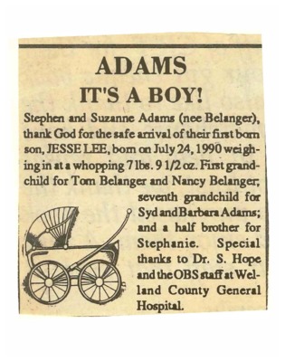 Birth Notice - Adams, Jesse Lee - July 24, 1990