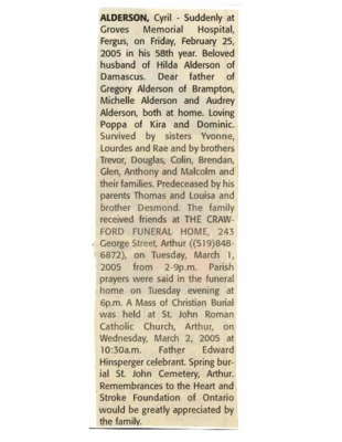 Obituary - Alderson, Cyril - February 25, 2005