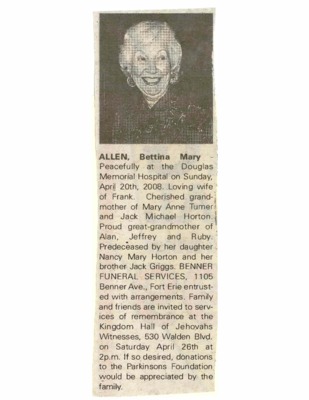 Obituary - Allen, Bettina Mary - April 20, 1988
