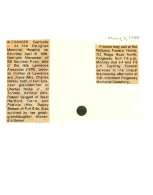 Obituary - Alexander, Gertrude - April 30, 1988