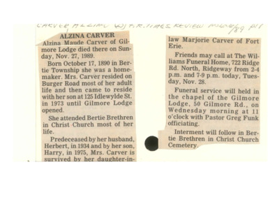 Obituary - CARVER, Alzina - November 6, 1989