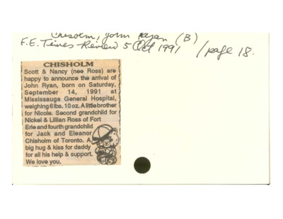 Birth Notice - CHISHOLM, John Ryan - October 5, 1991