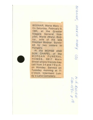 Obituary - Bodnar, Marie - February 11, 1985