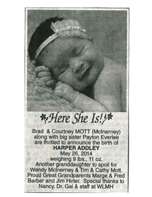 Birth Notice - Mott, Harper - May 26, 2014