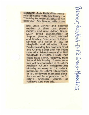 Obituary - Benner, Avis - March 1, 2003
