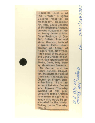 Obituary - CECCATO, Louis - December 8, 1983