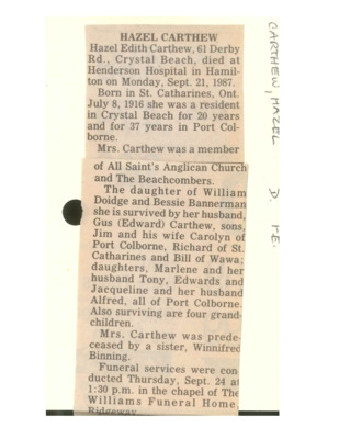 Obituary - CARTHEW, Hazel