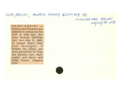 Birth Notice - CARR, Andrew Rodney - May 30, 1984