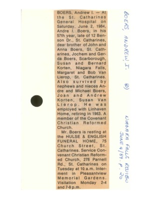 Obituary - Boers, Andrew - June 4, 1984