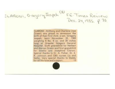 Birth Notice - Claroni, Gregory Joseph - December 24, 1985