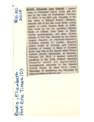 Obituary - Bodis, Elizabeth - February 20, 2010