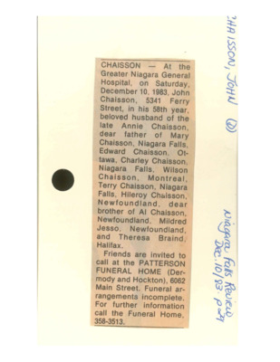 Obituary - CHAISSON, John - December 10, 1983