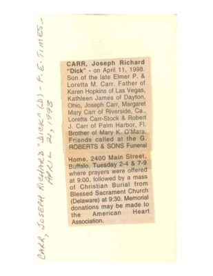 Obituary - CARR, Joseph Richard "Dick" - April 21, 1988