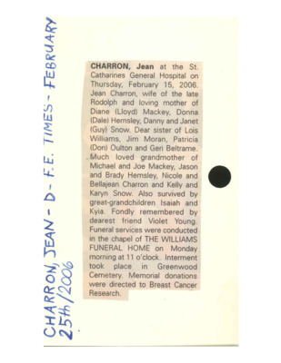 Obituary - CHARRON, Jean - February 25, 2006