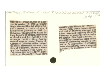Obituary - CARTMER, William - November 25, 1989