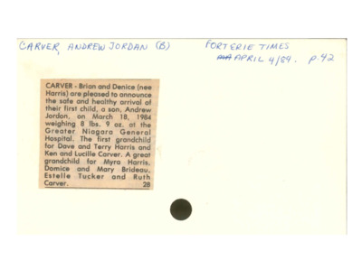 Birth Notice - CARVER, Andrew Jordan - April 4, 1984