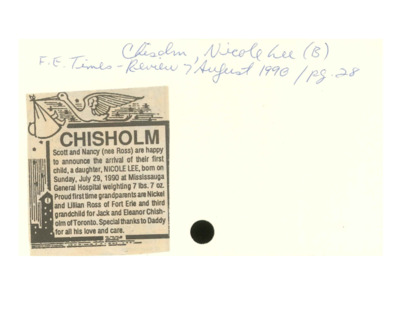 Birth Notice - CHISHOLM, Nicole Lee - August 7, 1990
