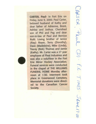 Obituary - CARTER, Paul - June 17, 2000