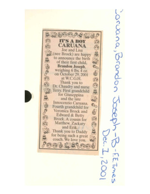 Birth Notice - CARUANA, Joseph - December 1, 2001